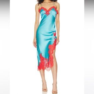 Alice + Olivia Turquoise Lace Trim Asymmetrical Midi Slip Dress